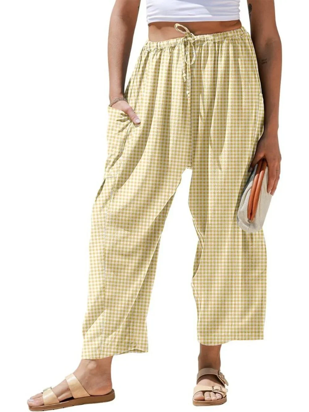 Women's Brown White Linen Wide Leg Striped Palazzo Harem Walking Holiday Pants